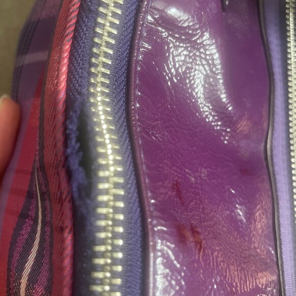 COACH Poppy Plaid Glam Tote Purple red Patent leather trim Bag - Picture 8 of 14